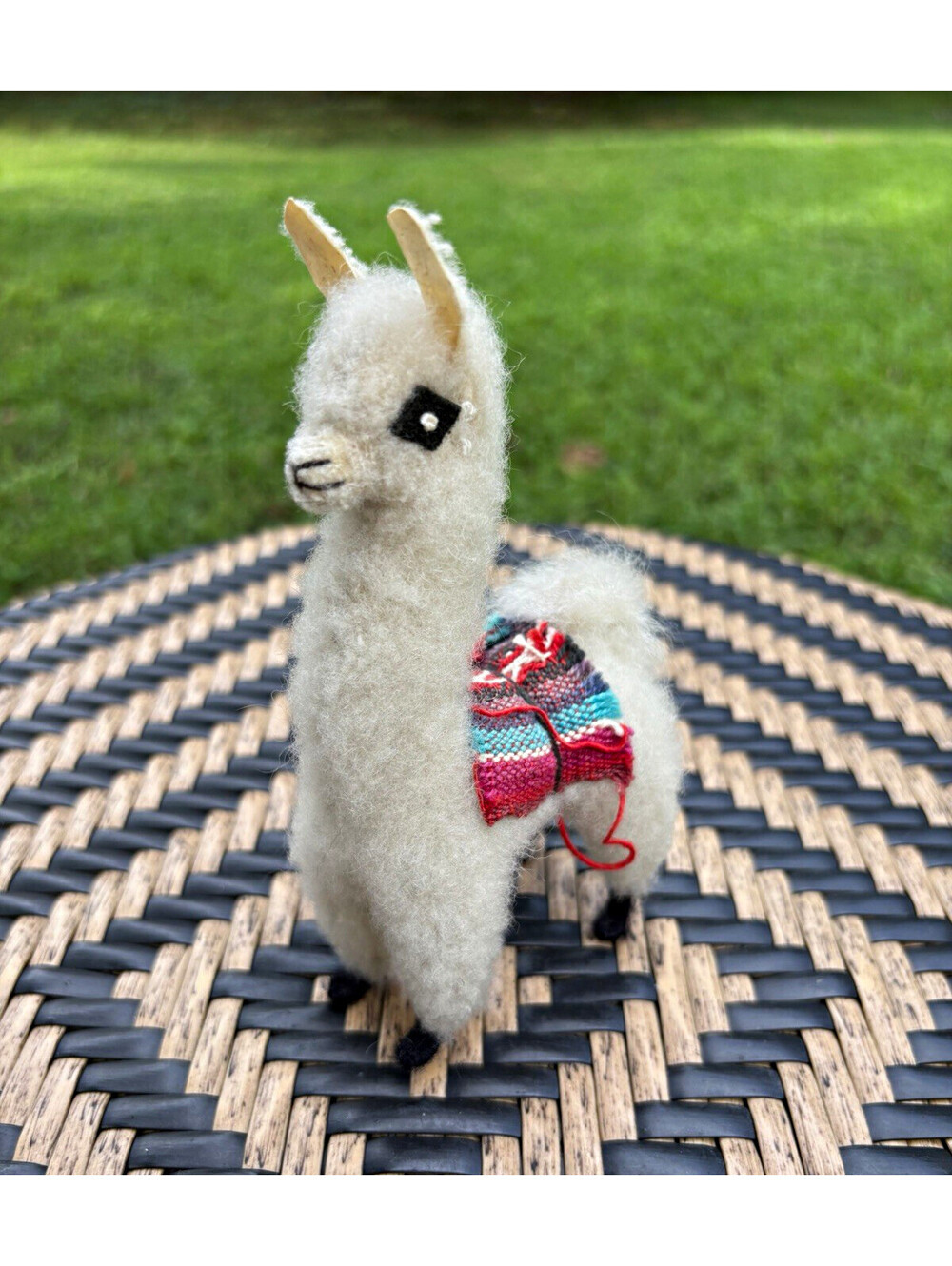 Small White Llama Plush Stuffed Animal with Multicolor Woven Blanket